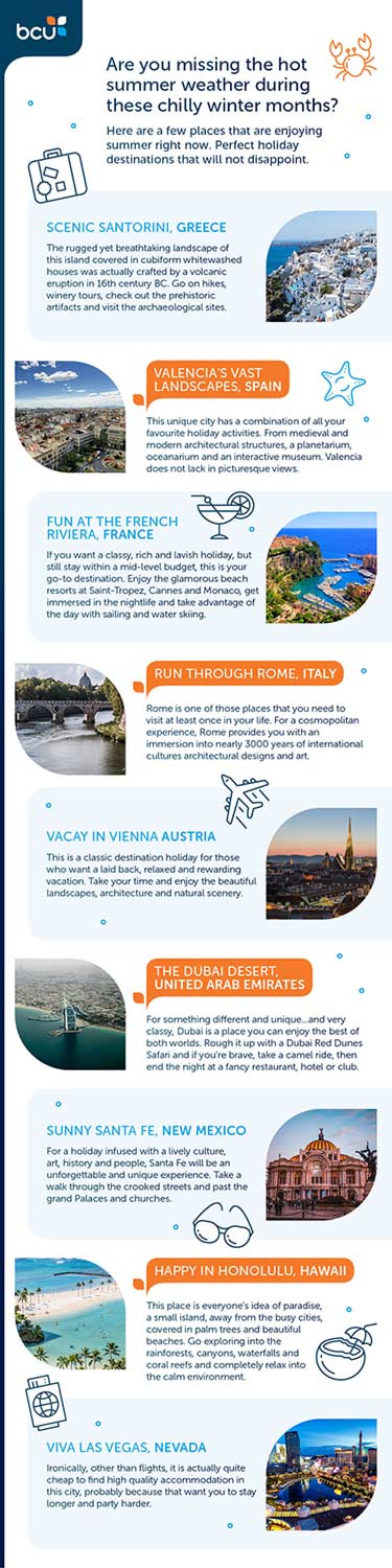 Travel infographic, showing a bespoke selection of popular holiday destinations that are experiencing summer in August