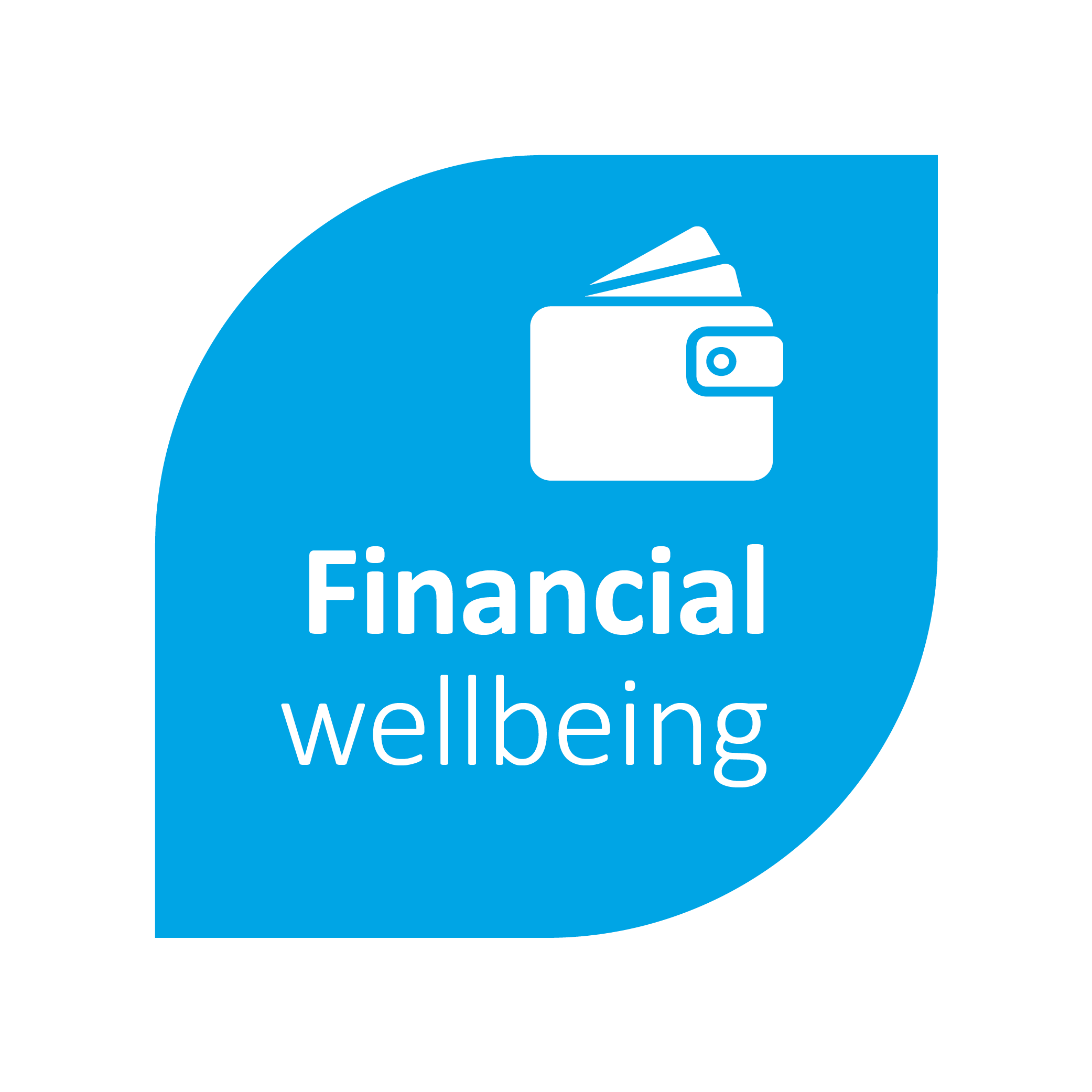 Text that reads 'Financial wellbeing' in a bright blue leaf shaped object with a wallet image inside it