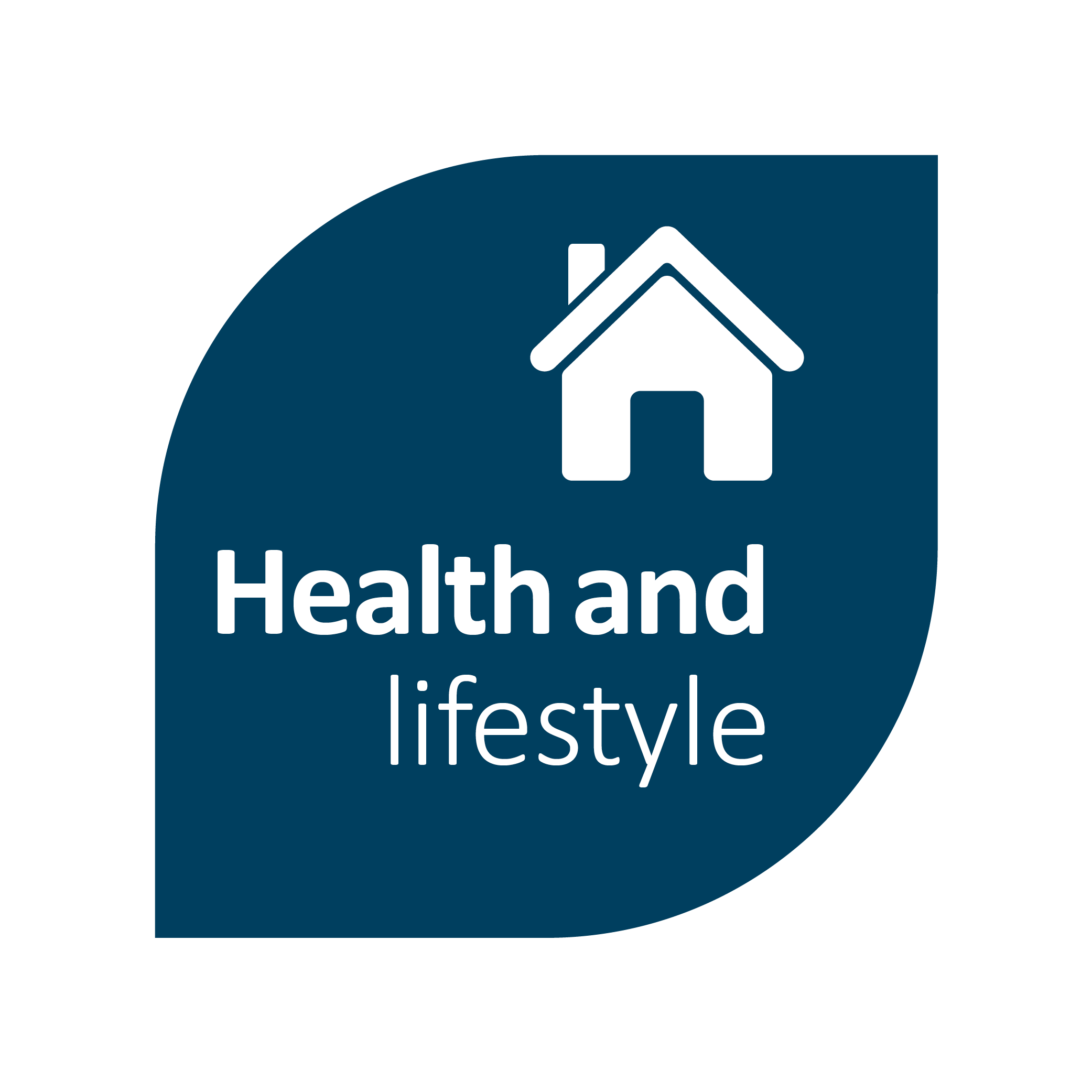 Text that reads 'Health and lifestyle' in a navy blue leaf shaped object with a house image inside it