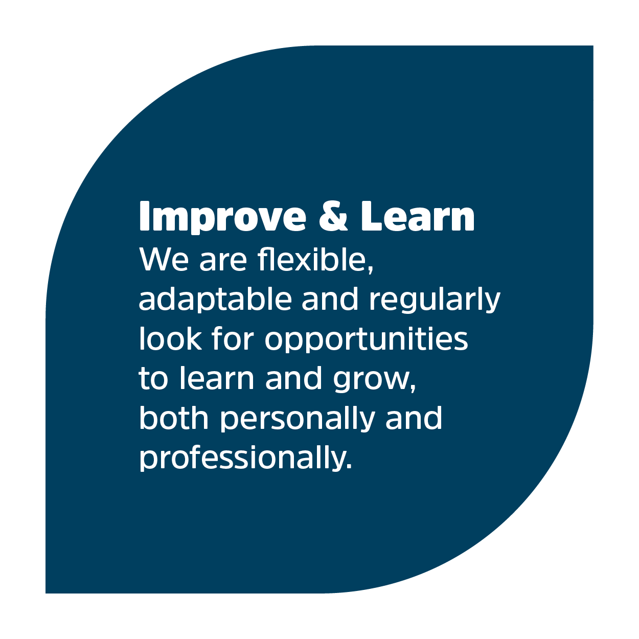 Text that reads 'Improve & learn. We are flexible, adaptable and regularly look for opportunities to learn and grow, both personally and professionally.'