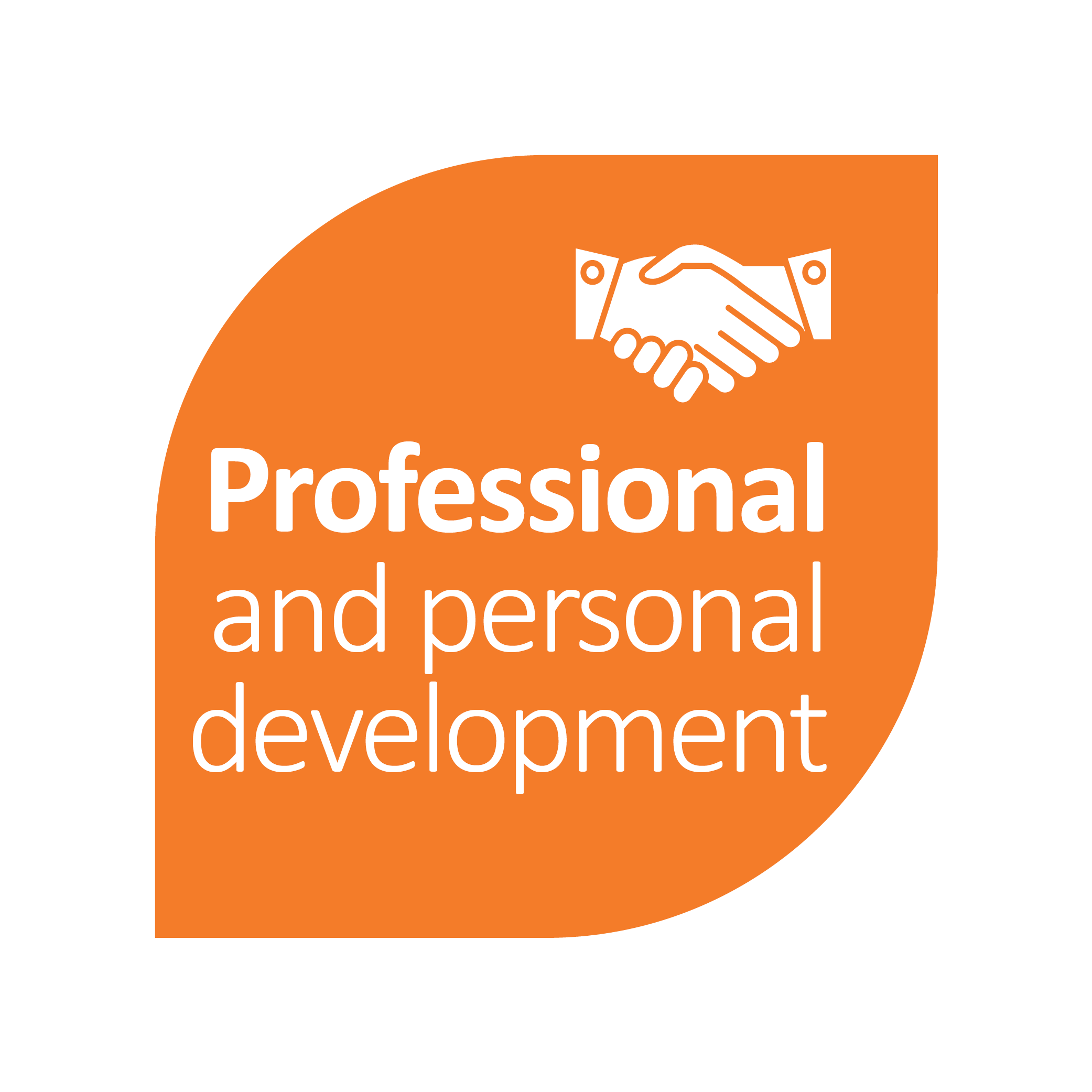 Text that reads 'Professional and personal development' in an orange leaf shaped object with an image of shaking hands inside it