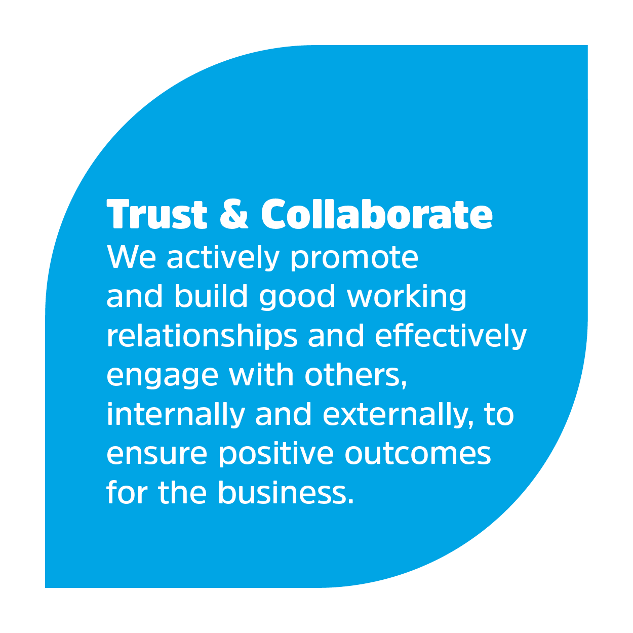 Text that reads 'Trust & collaborate. We actively promote and build good working relationships and effectively engage with others, internally and externally, to ensure positive outcomes for the business.'
