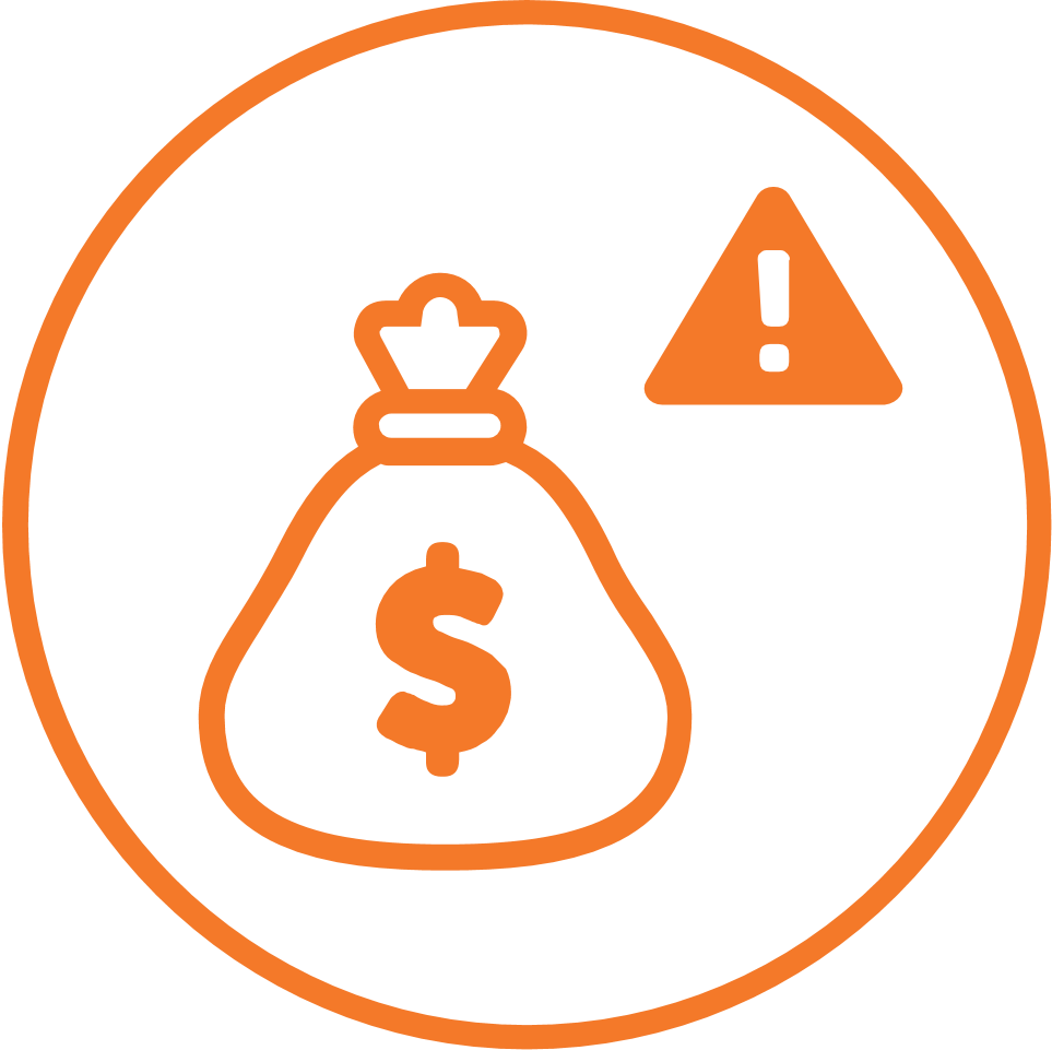 Orange circle with a bag of money, and an alert icon to top right