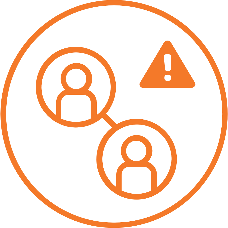 Orange circle with two people connected by a line, and an alert icon to top right