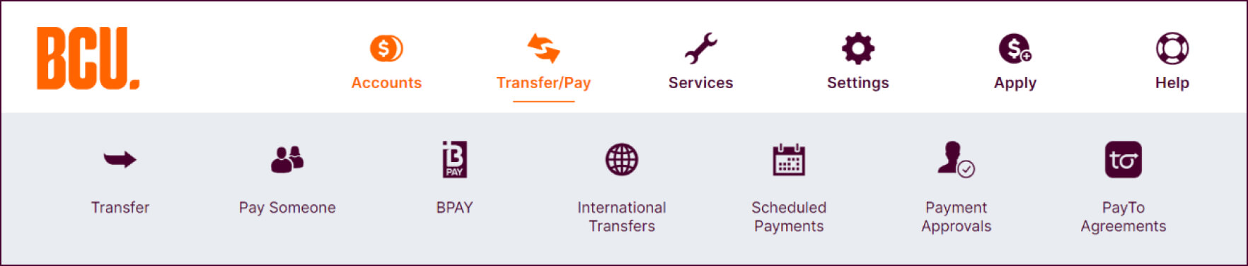 Screenshot of BCU iBank, showing that PayTo Agreements can be found under the Transfer/Pay menu item in BCU iBank