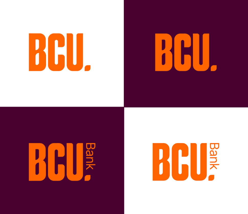 New BCU and BCU Bank logos on white and eggplant backgrounds
