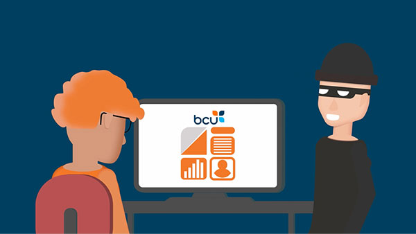 Cartoon illustration of a male sitting at a computer with the bcu logo on it, and a criminal standing next to him smiling. The criminal is dressed in all black, wearing a beanie and an eye mask.