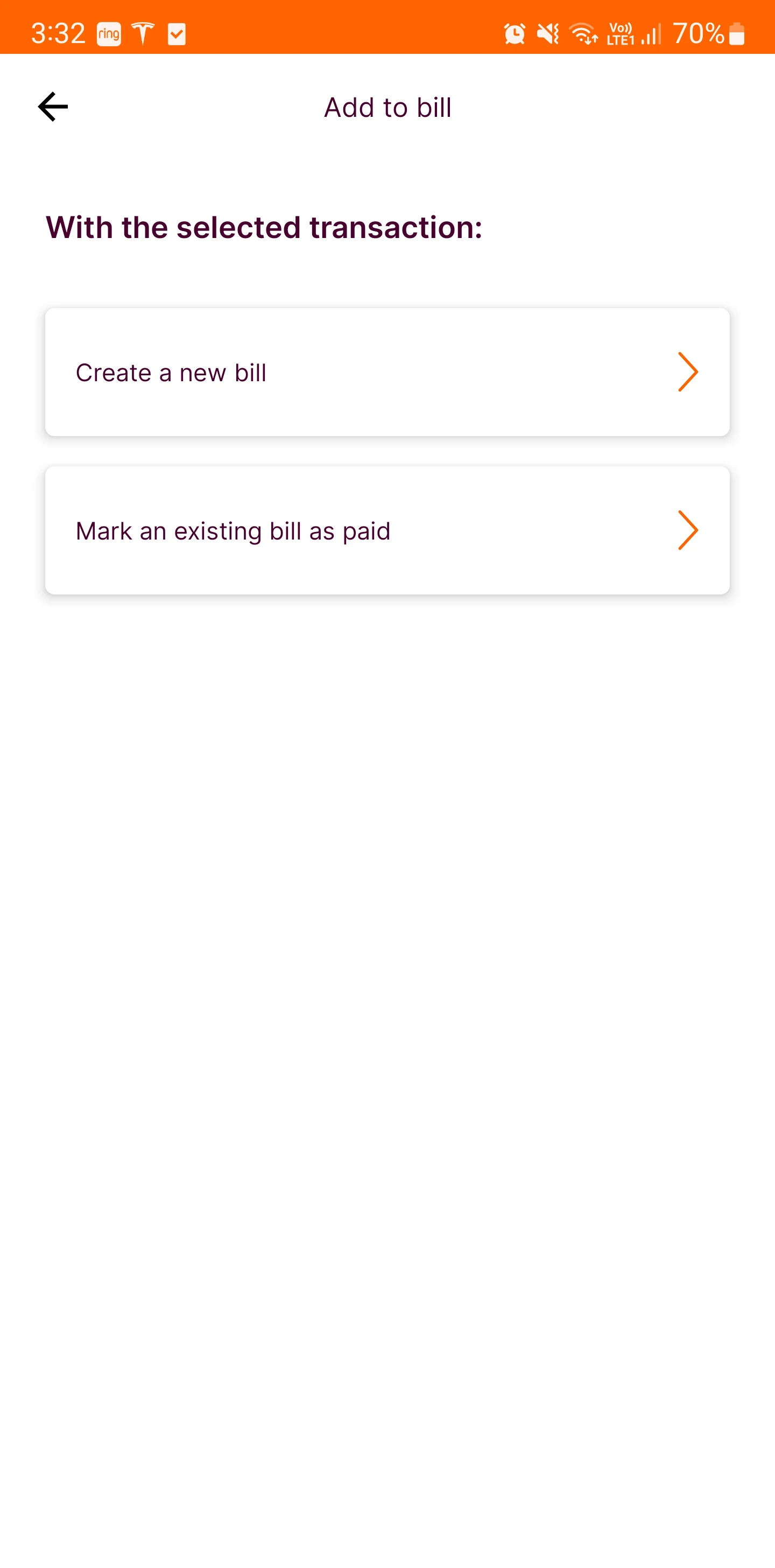 Screenshot of mymo by BCU app displaying options to add a bill, including the options to create a new bill or marking an existing bill as paid.